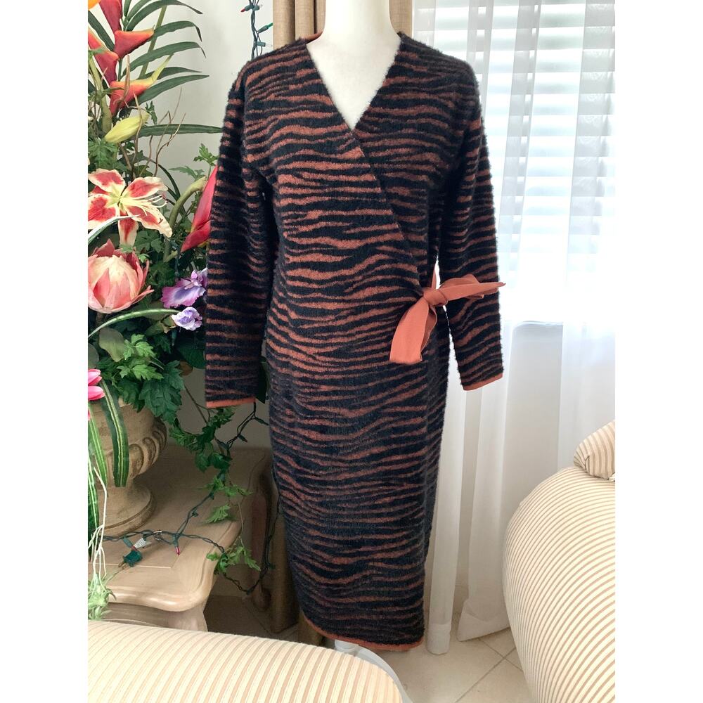 NEW JOA Zebra Print Fuzzy Long Wrap Cardigan Duster in Black / Brown